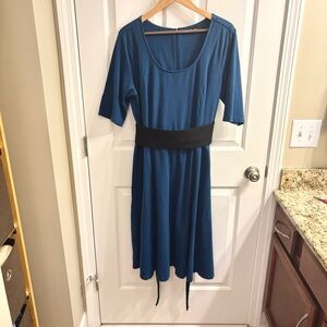 eShakti Blue Short Sleeve Contrast Obi Belt Midi Dress